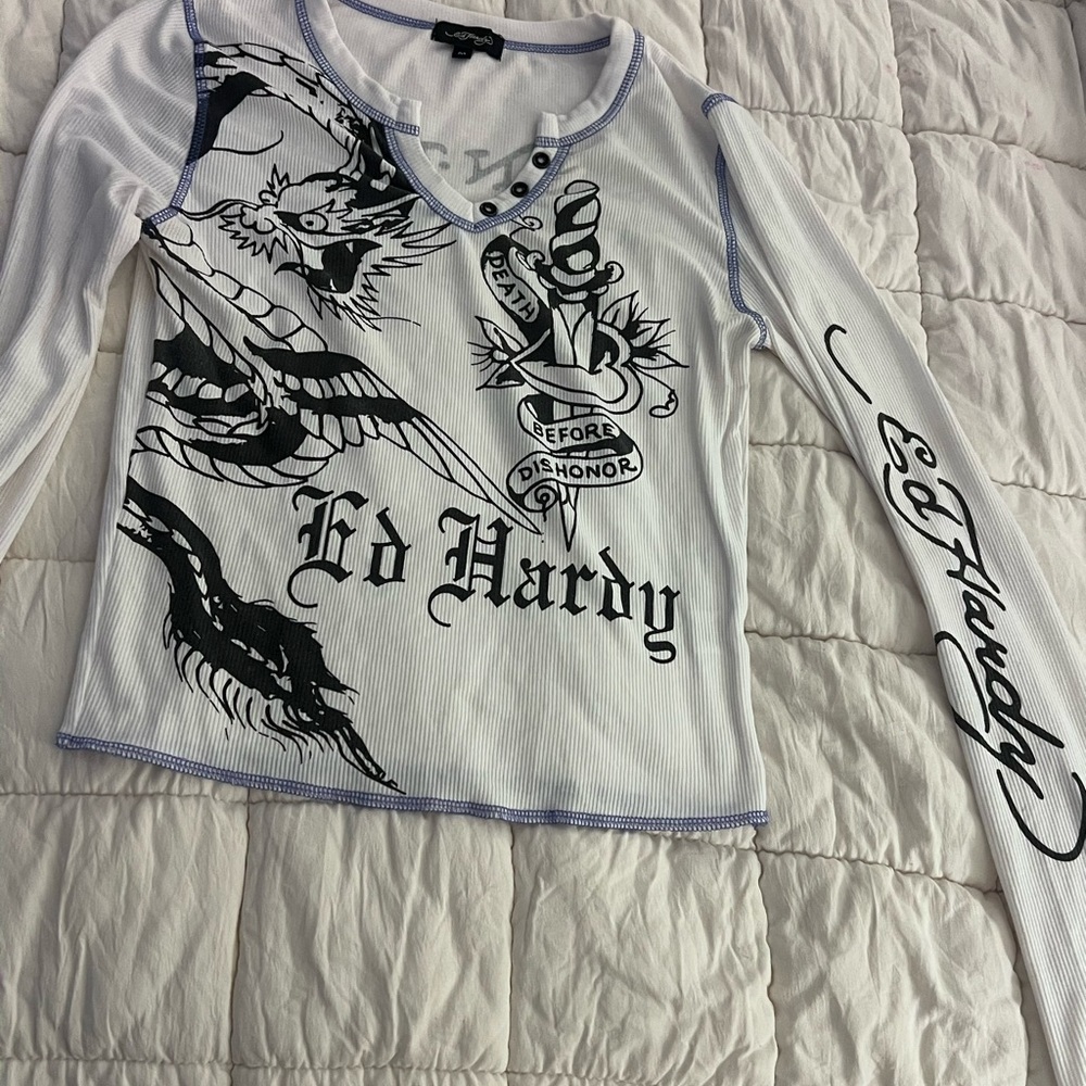 Ed Hardy White Long Sleeve Tattoo-Graphic Top